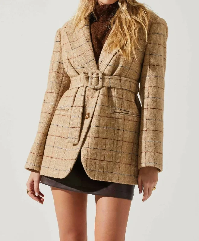 Lottie Plaid Belted Blazer In Taupe